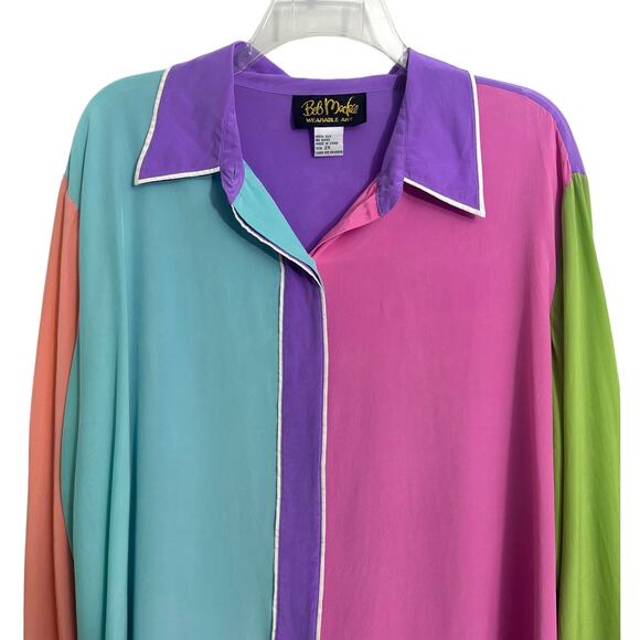 Bob Mackie Wearable Art VTG 100% Silk Color  Block Button Down Shirt Blouse 2X - Picture 5 of 9